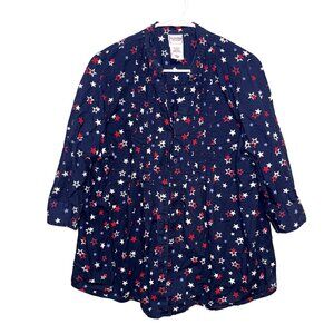 Scandia Woods Womens Navy Star Print Tunic Top L 3/4 Sleeve Button-Front 100% Co